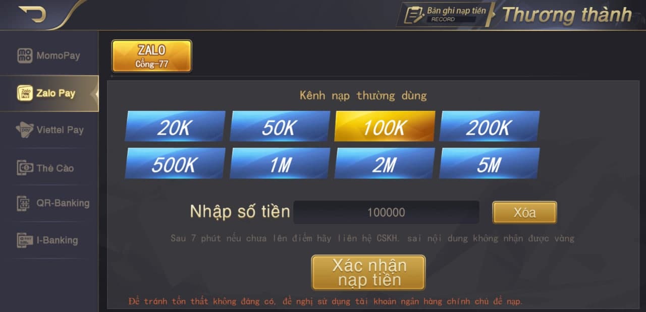 Hướng Dẫn Giao Dịch Nạp Xu App Game CFUN 68 Qua ZaloPay 