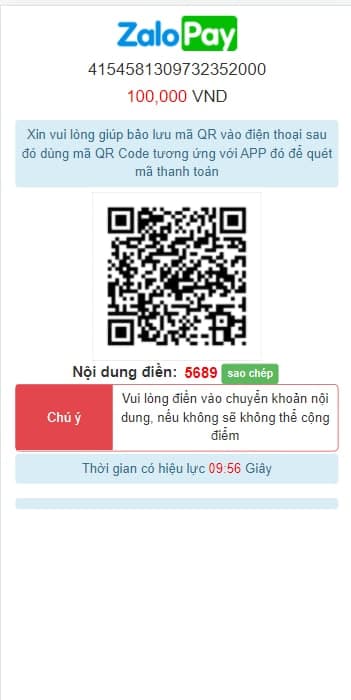 giao diện thanh toán zalopay tại cfun68