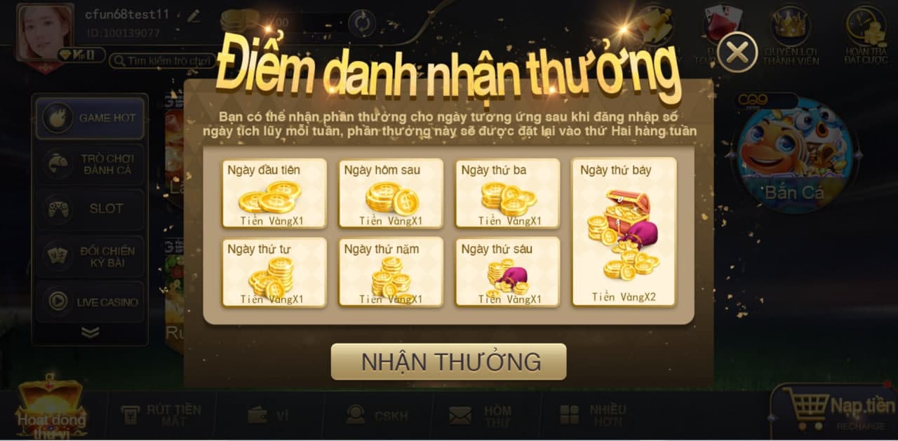 điểm danh nhận thưởng mỗi ngày tại cfun68 club